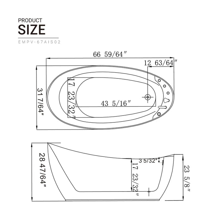 Empava 67" Freestanding Hydro Massage Whirlpool Bathtub with Reversible Drain | EMPV-67AIS02