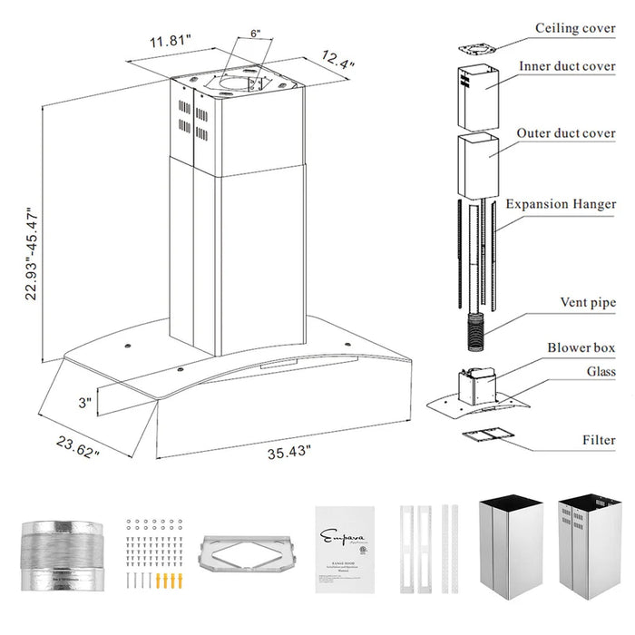 Empava 36 inch 400 CFM Kitchen Island Wall Mount Ducted Range Hood | EMPV-36RH09